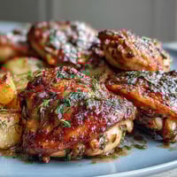 Golden chicken drumsticks roasted with baby potatoes and carrots, all seasoned with rosemary and thyme for a hearty, family-friendly dinner.