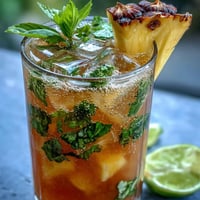 A refreshing pineapple basil agua fresca served over ice with fresh basil and lime slices.