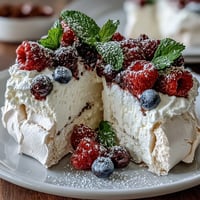 A crisp meringue shell topped with whipped cream and vibrant mixed berries, perfect for Mothers Day celebrations.
