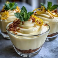 Bright lemon mousse cups with buttery shortbread cookies, garnished with fresh berries and mint for a refreshing spring dessert.  