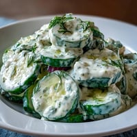 Creamy Cucumber Dill Salad with crisp cucumbers and red onion in tangy sour cream dill dressing, perfect for summer picnics and barbecues.