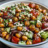 Cold chickpea salad with lemon herbs, fresh veggies, and crumbled feta in a bright lemon dressing.