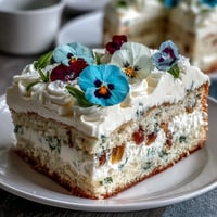 Elegant spring cake with pressed edible flowers and lemon curd filling, perfect for festive occasions and garden parties.