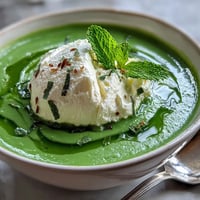 A vibrant bowl of spring pea soup topped with whipped ricotta and mint oil for a fresh, creamy finish.