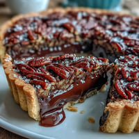 Kentucky Derby Chocolate Bourbon Pecan Tart with a flaky crust and rich chocolate filling topped with crunchy pecans.  