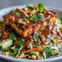 A vibrant Thai mango salad with crispy tofu and rich peanut sauce, bursting with fresh colors and textures.  