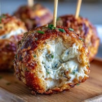 Close-up of golden, savory olive cheese balls wrapped in cheddar dough, skewered for easy Derby party snacking.