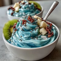 Vibrant blue spirulina smoothie bowl bursting with fresh tropical fruit toppings.