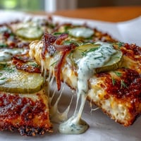 Close-up of Pickle Pizza Flatbread with creamy garlic ranch drizzle.